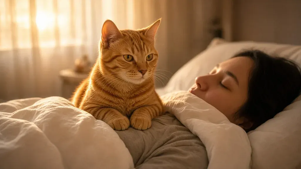 A cat sitting on a sleeping owner's chest at dawn, waiting for breakfast after the daylight saving time change