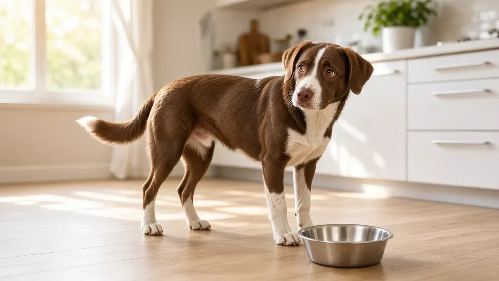 A dog pacing beside an empty food bowl at the wrong hour after the clocks change for daylight saving time