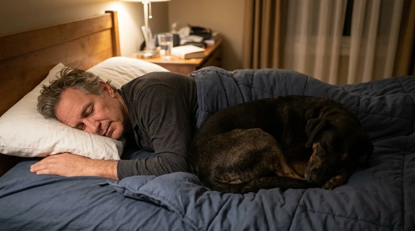 A man and his dog both asleep on a large bed, dog curled against the man's back, dim warm light, peaceful bedroom