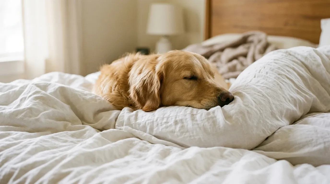 A sleepy golden retriever pressed against a person's legs under white bedsheets, soft bedroom light