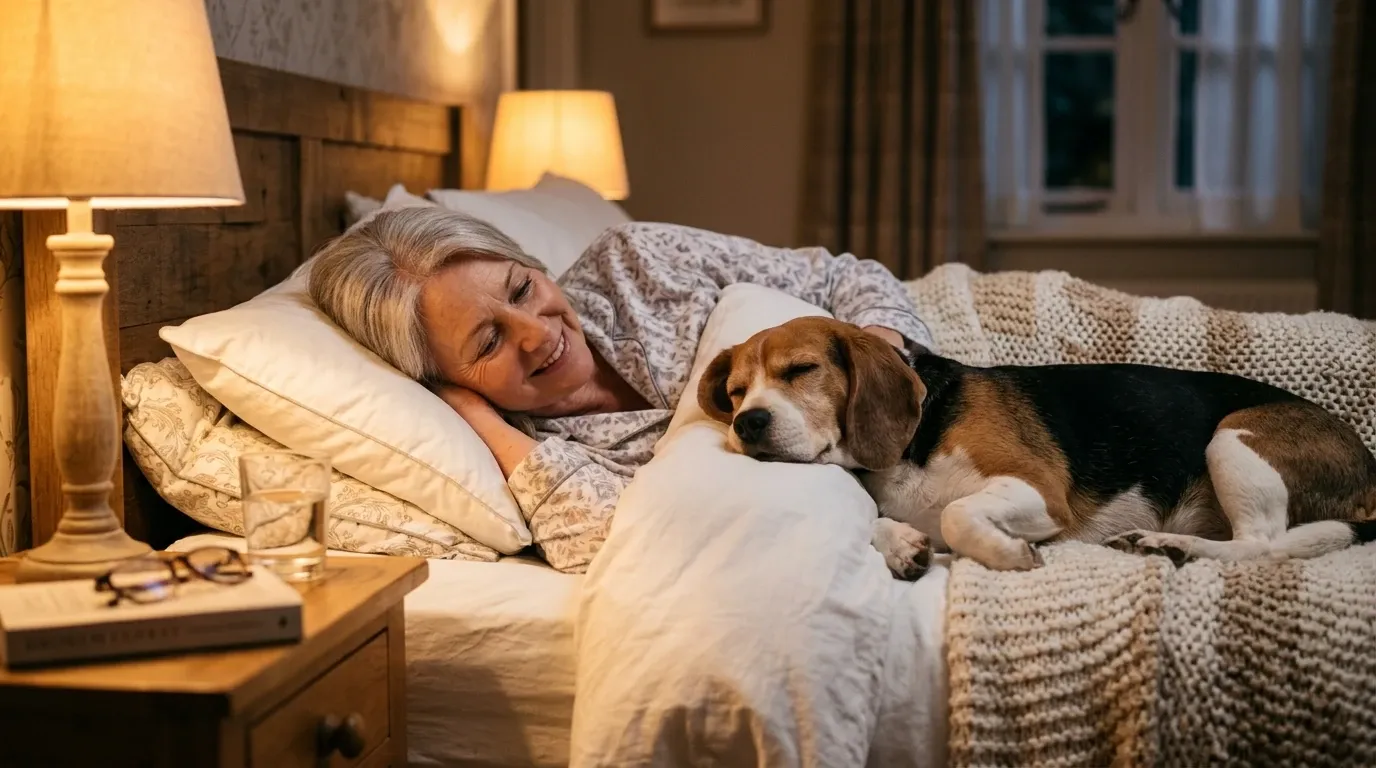 A smiling older woman lying in bed with a medium-sized dog beside her on the pillow, warm bedside lamp light