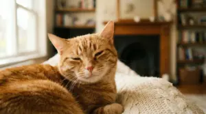 A stunning close-up photograph of a beautiful cat with striking green eyes, caught in the middle of a slow blink