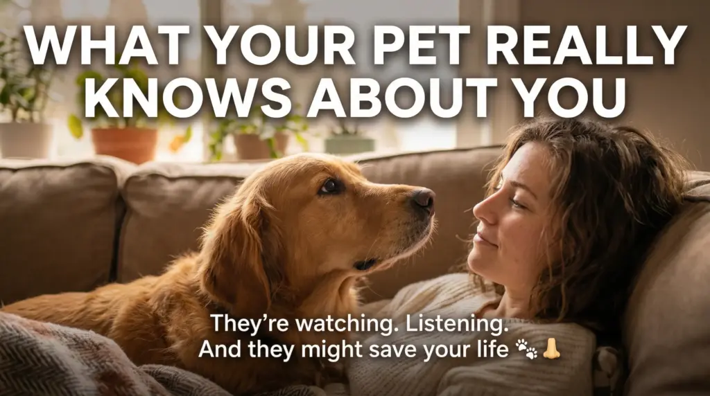 Young woman and golden retriever laying on a couch. Text overlay "What your pet really know about you"
